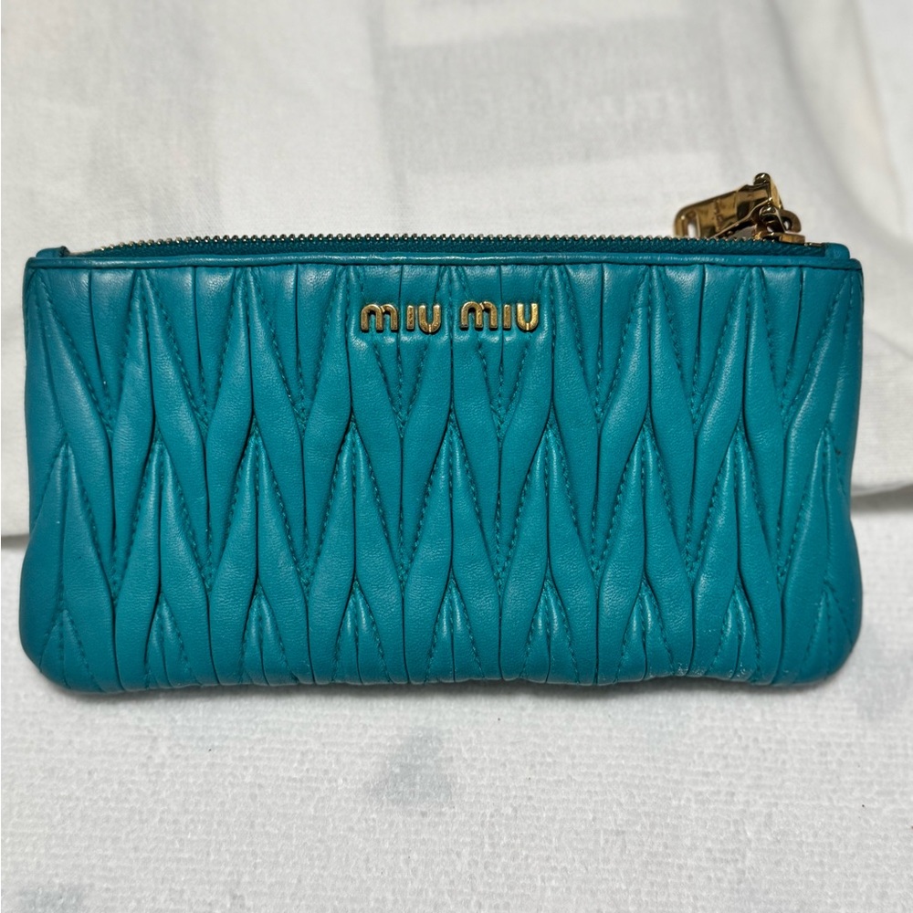 Miu Miu Teal Quilted Leather Cosmetic Pouch with Gold Logo